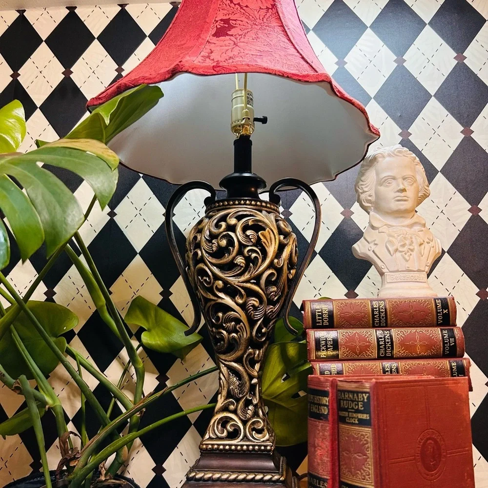 Luxury‎ Vintage Black & Gold Table Lamp with Deep Burgundy Shade Baroque Moody